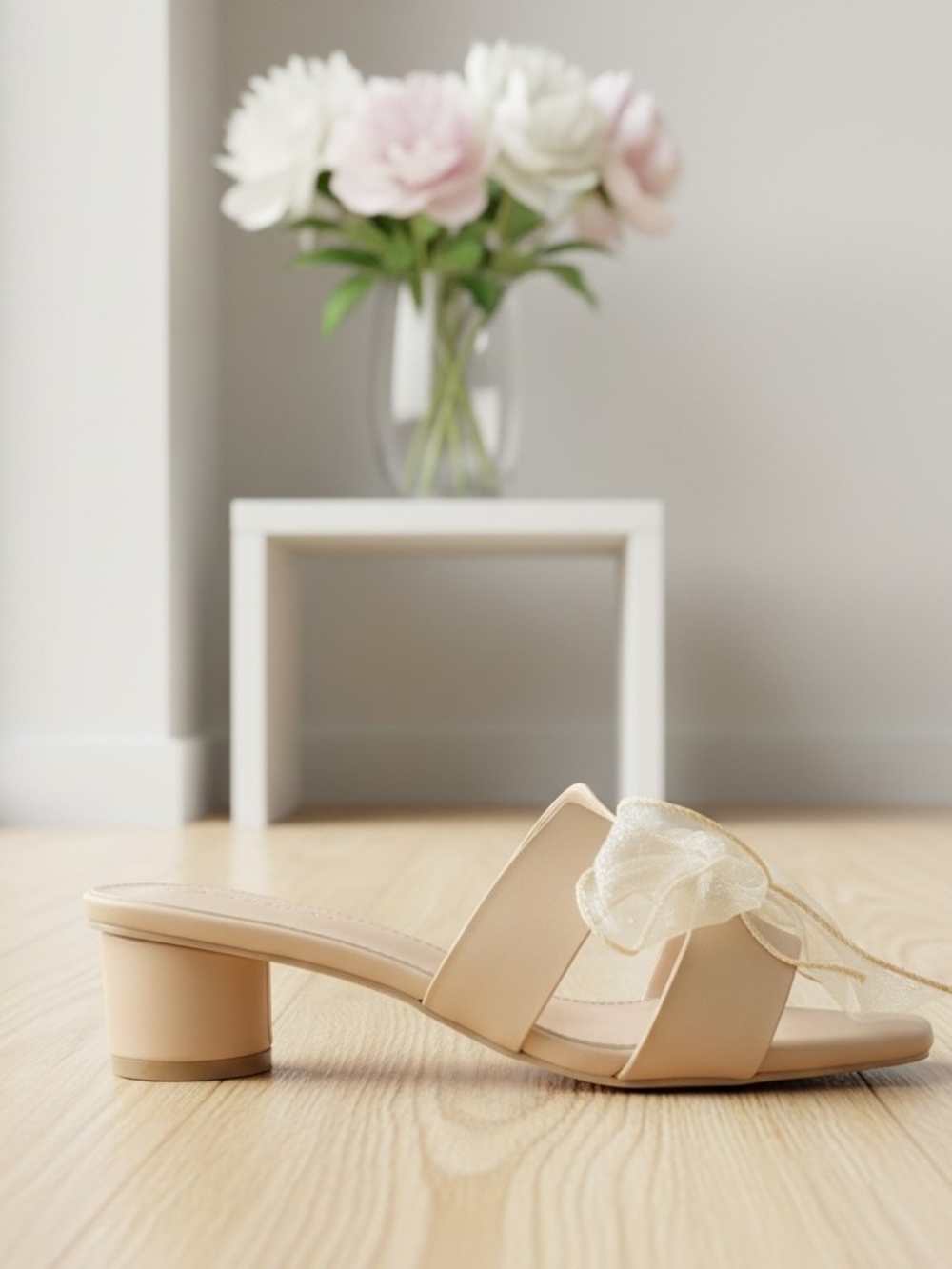 Elegant Cream Slide Sandals with Removable Bow Detail